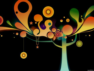 Colorful tree circles stars hanging - surreal design free wallpaper for desktop