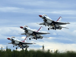Jets formation sky forest trees - white cloud free wallpaper