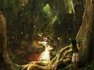 Woman forest stream trees moss - brad kunkle free wallpaper