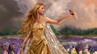 Woman gold dress holding bird - the other hand free wallpaper
