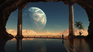Man bridge planet distance palm - sci fi fantasy free wallpaper