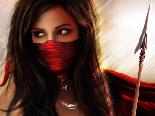 Woman red mask sword cape - her hand free wallpaper