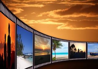 Beach sunset filmstrip boat background - cinematic landscape free wallpaper for desktop
