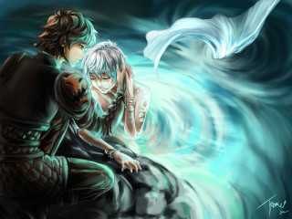 Anime couple rock water wave - a wave of water free wallpaper