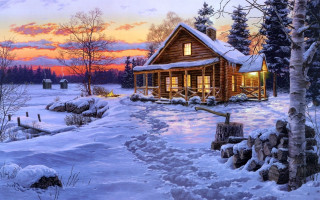 Cabin snow sunset fireplace snowy - kinkade free wallpaper