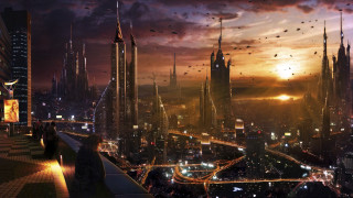 Futuristic city tall buildings birds - a futuristic city free wallpaper