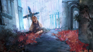 Woman sitting stone path cross - a cross free wallpaper