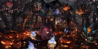 Pumpkins house lights cat autumn - concept art free wallpaper