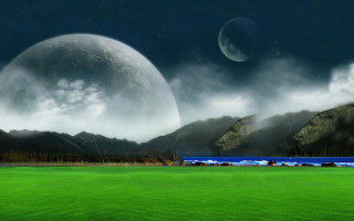 Green field mountains lake moon 4 - a distant mountain range in the distance free wallpaper