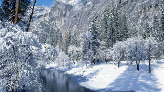 River snow trees mountains blue 3 - a blue sky above free wallpaper