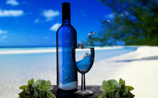 Wine glass table beach bird - surrealistic free wallpaper