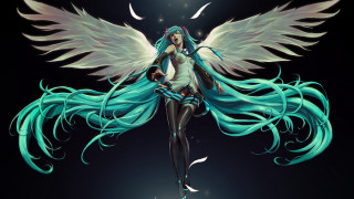 Blue hair wings woman bird - above her head free wallpaper for desktop