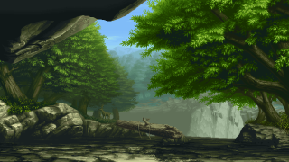Forest waterfall trees man rock - a painting of a forest free wallpaper