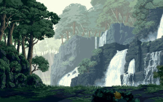 Waterfall man forest trees painting - a painting of a waterfall free wallpaper