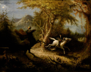 Man horse chasing horse wooded - canvas painting free wallpaper