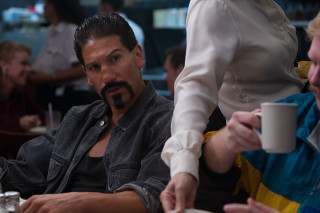 Man mustache sitting table woman - a woman and a man free wallpaper