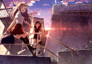 Girls walking stairs anime pink - sky in the background free wallpaper