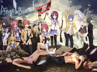 Anime characters group posing flagpole - key art free wallpaper for desktop