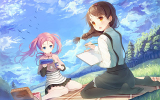 Anime girls bench blue sky - a bench in front free wallpaper
