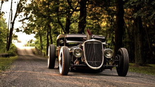 Vintage car woods road person - a vintage car free wallpaper