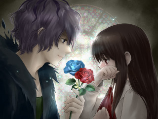 Romantic anime girls holding roses - a flower free wallpaper for desktop
