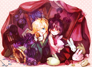 Anime girls bed rabbit couple - a couple of anime girls sitting next free wallpaper