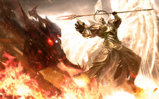 Man armor sword fire demon - wing and a sword free wallpaper