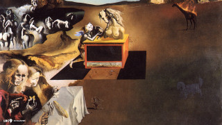 Desert group people horses dog - surrealist free wallpaper