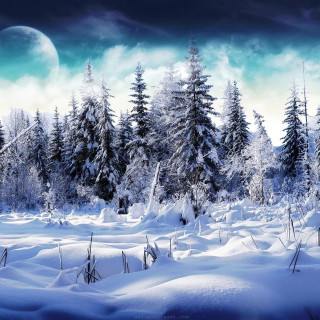 Snowy landscape full moon trees - free winter wallpaper for tablet