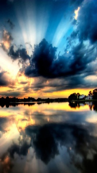 Lake sky clouds sunrays reflection - bob ross free wallpaper for mobile