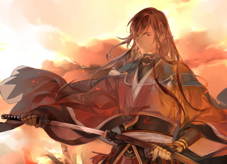 Woman red dress sword sky - warm color free wallpaper