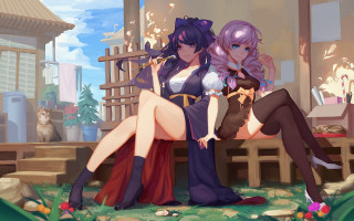 Anime girls bench cat background - the ground behind them free wallpaper for desktop