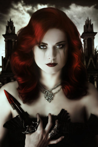 Red hair woman knife castle - dark fantasy art free wallpaper for mobile