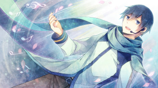 Blue haired kaito singing with - a scarf free wallpaper