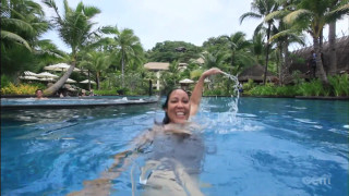 Woman pool water hose man - her hand and a man free wallpaper