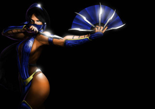 Woman blue costume fan knife - a black background behind her free wallpaper for desktop