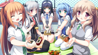 Girls sitting eating food drinking - in the background free wallpaper