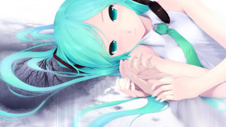 Blue hair girl anime lying - her eye free wallpaper for desktop