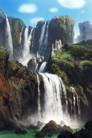 Waterfall castle man standing side - a waterfall free wallpaper for mobile