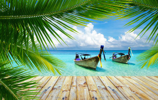 Tropical beach docked boats palm - a tropical beach free wallpaper