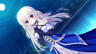 Woman blue dress waterfall full - a full moon in the background free wallpaper for desktop