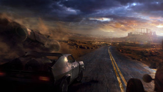 Car driving road buildings clouds - a giant monster free wallpaper