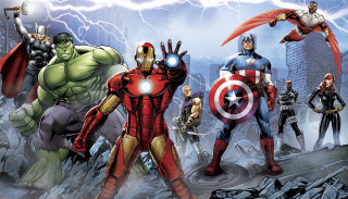 Avengers group lightning background arms - their hands in free wallpaper