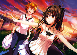 Anime girls sunset arms outstretched - a bag free wallpaper