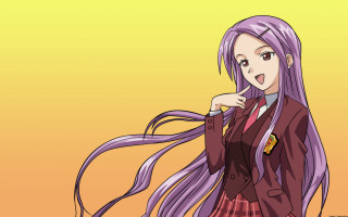 Girl purple hair suit posing - flowing free wallpaper