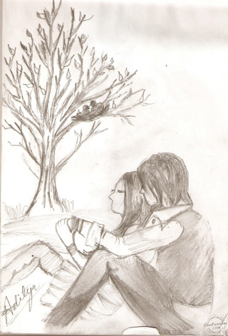 Couple sitting tree bird flying - a pencil sketch free wallpaper for mobile