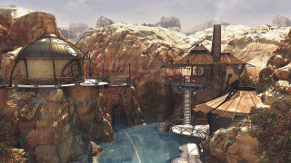 Futuristic mountain landscape river tower - neoprimitivism free wallpaper for desktop