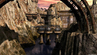 Sci fi city mountain landscape - neoprimitivism free wallpaper for desktop