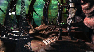 Forest bridge tower green light - neoprimitivism free wallpaper