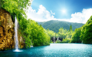 Waterfall lake trees mountains blue - a waterfall free wallpaper for desktop